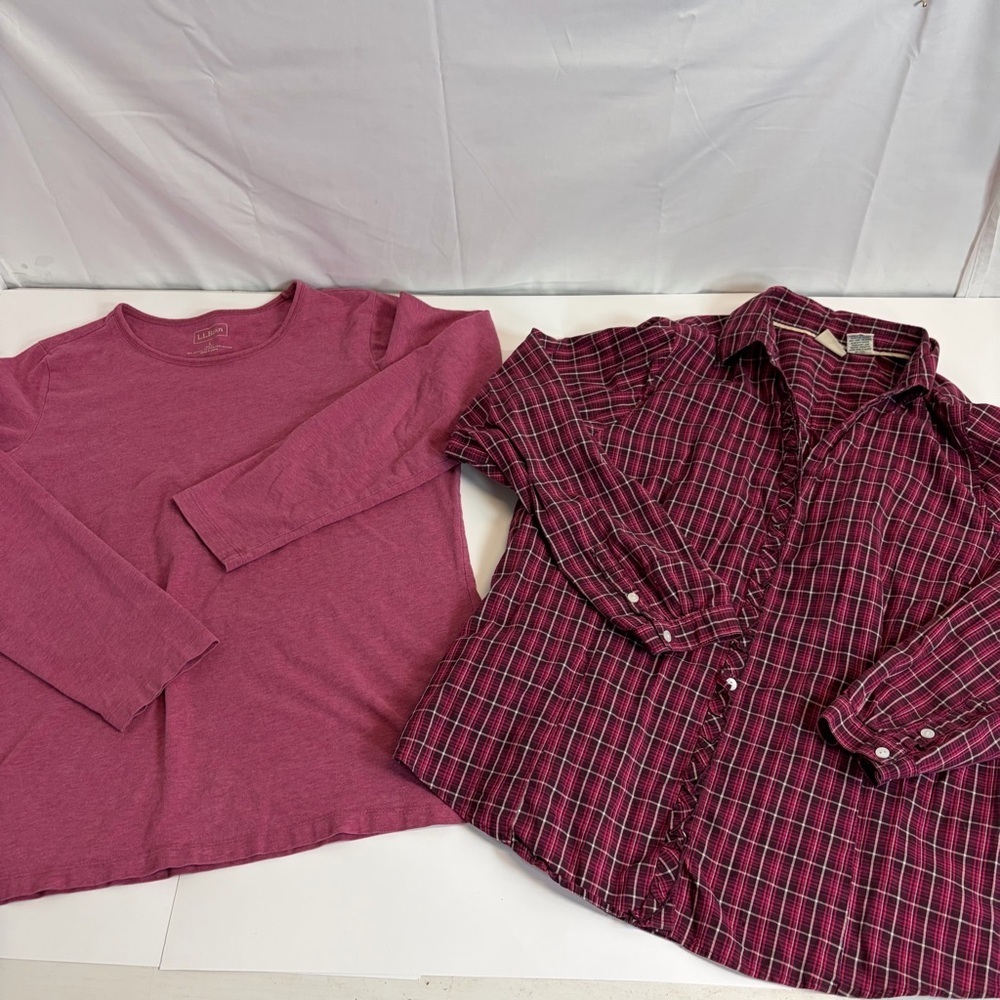 L.L. Bean Women’s Large Tops Bundle Plaid Button Shirt & Long Sleeve Tee